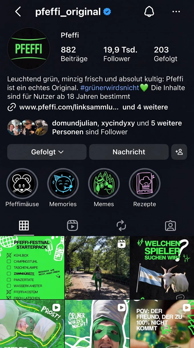 Instagram-Profil pfeffi_original am 01.06.: 19,9 Tsd. Follower